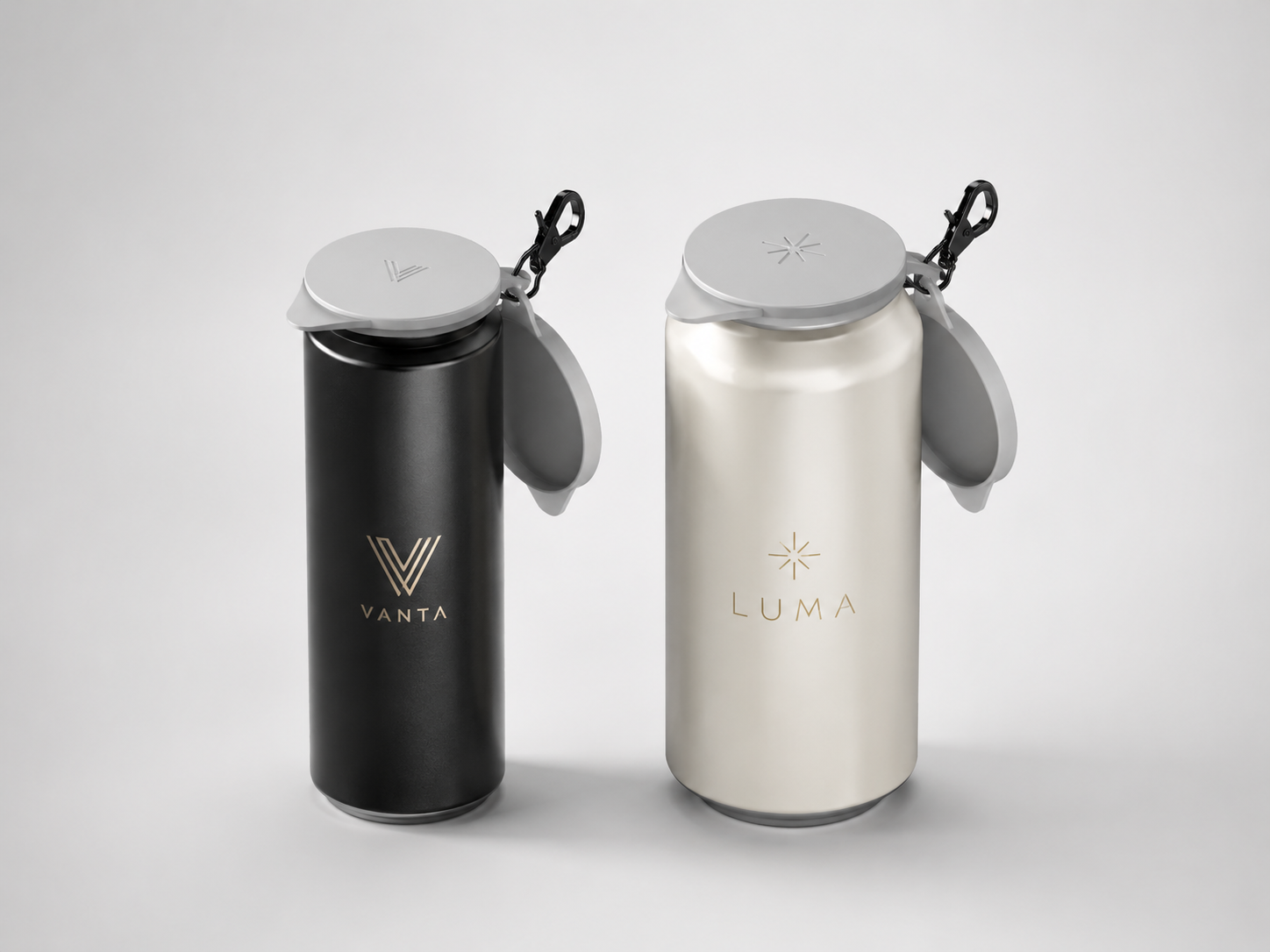 TwinCaps Classic covers on a black and a silver beverage can