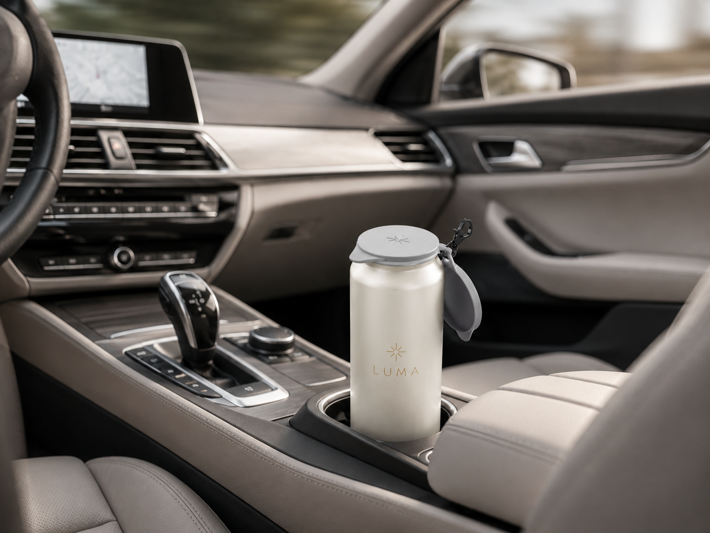 A TwinCaps-covered can resting in a car cup holder